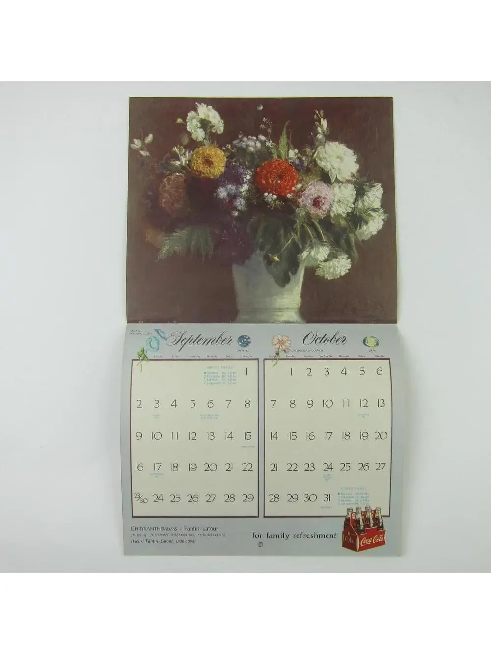 Coca Cola Advertising Wall Calendar Vintage 1956 Famous Flower Paintings